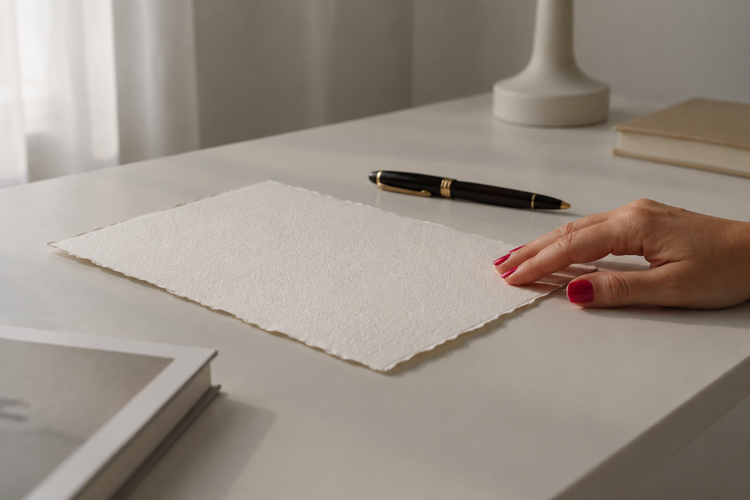 Ein ruhiger Schreibtisch mit Papier, Stift und Fensterlicht